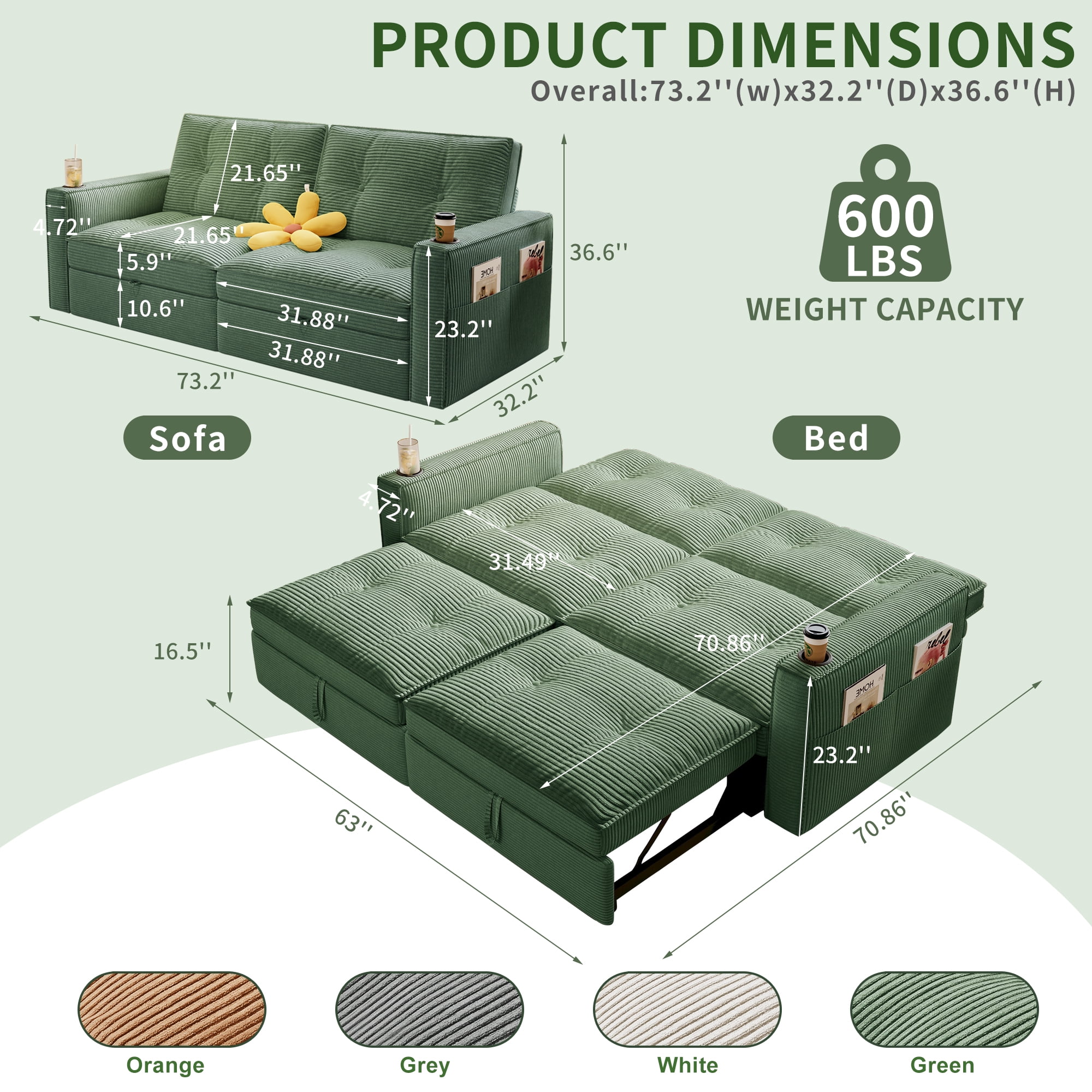 73.2'' Sleeper Sofa Bed Full, Corduroy Pull Out Couch, Modern L Shaped Convertible Sofa, Futon Couches, Comfy Loveseat, Adjustable Backrest & Side Pockets, for Small Space, Living Room, Green