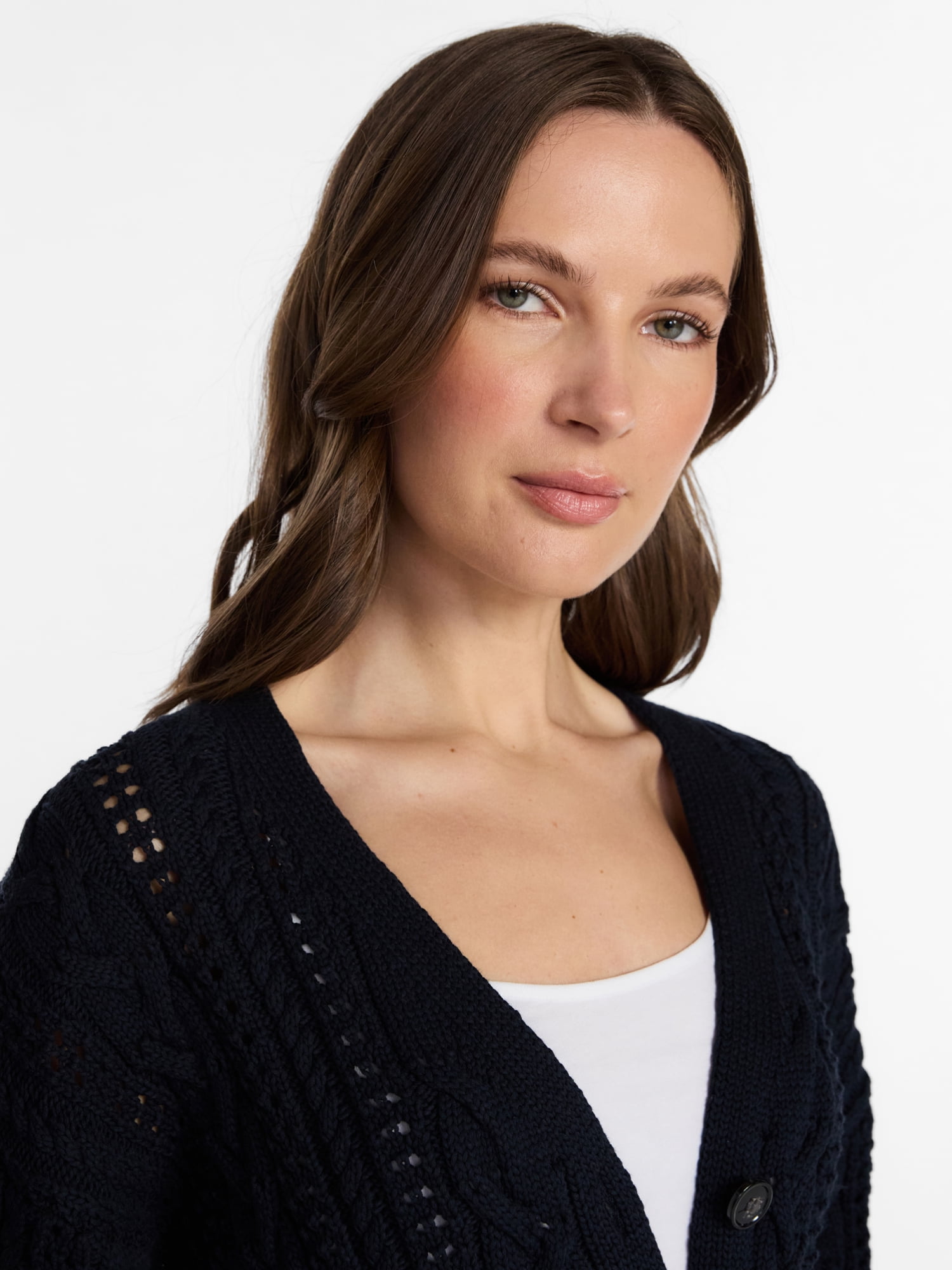 Time and Tru Women's Cable Knit Cardigan Sweater, Lightweight, Sizes XS-XXXL