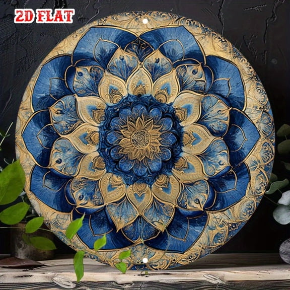 HELLOYOUNG Vintage Metal Wall Art Blue Gold Mandala Round Decor for Living Room Outdoor Floral