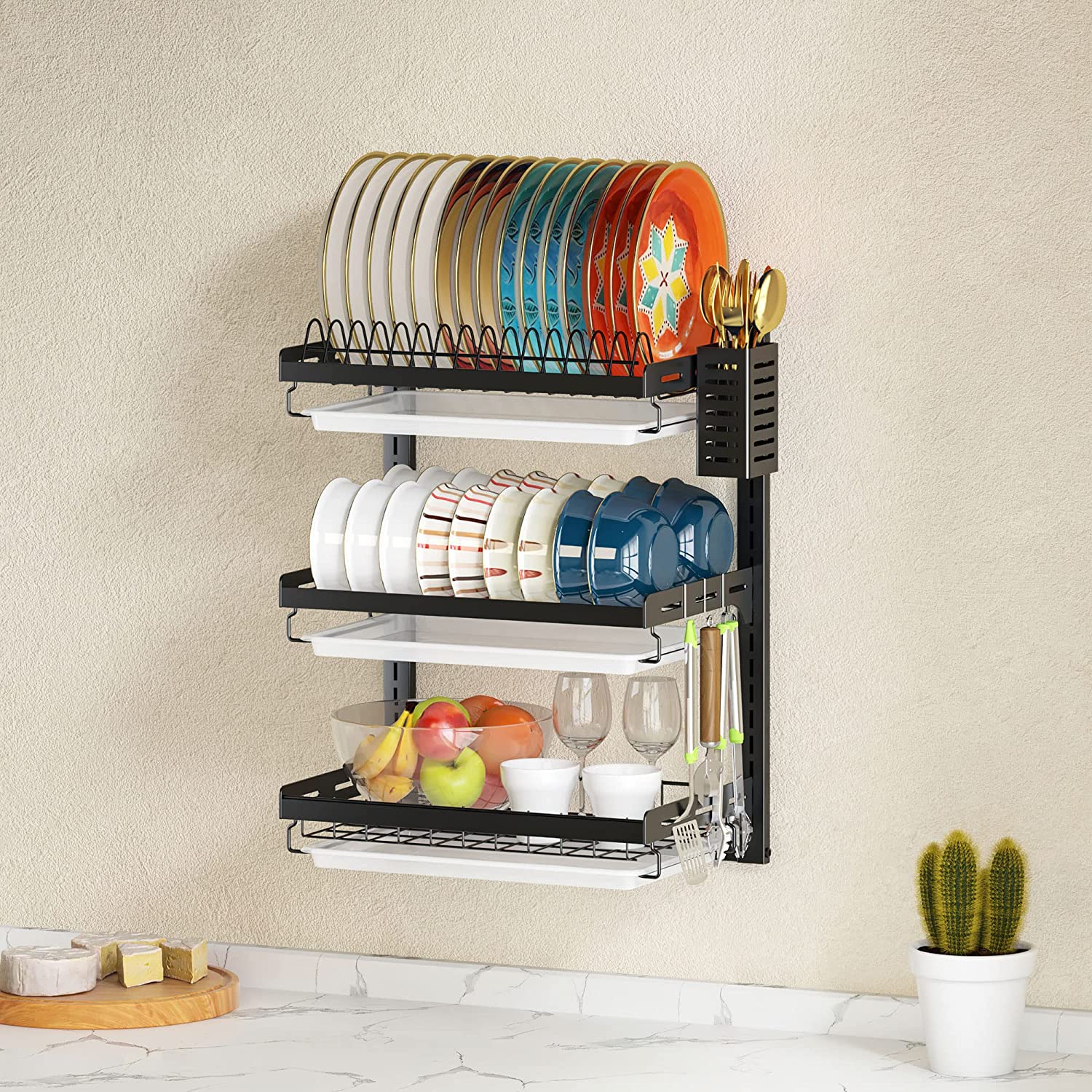Wall Mounted Dish Drying Rack, 3 Tier Stainless Steel Hanging Drainer with Cutlery Holder and Hooks for Kitchen