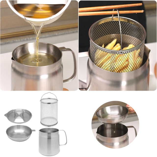WIFKLSIIPG Filtre à Huile en Acier Inoxydable 304 Grande Capacité Filtre à Huile Polyvalent Réservoir de Filtre à Huile Multifonctionnel Mini Friteuse et Tasse de Filtre Combo (1.5L)