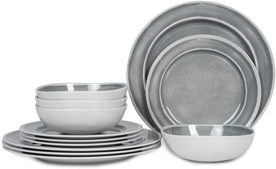 12pcs Dishes Set for 4 Melamine Dinnerware Set Indoor and Outdoor use blue Dishwasher Safe Break-resistant Lightweight 