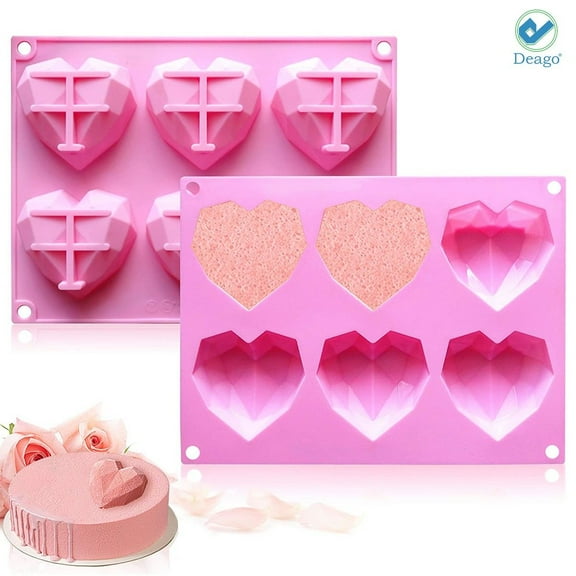 Deago 2 Pack Silicon Molds for Chocolate, 6 Cavities Mousse Cake Mold 3D Diamond Love Heart Shape Silicone Dessert Bakeware Moulds For Cake Decoration, Candy, Ice Cube