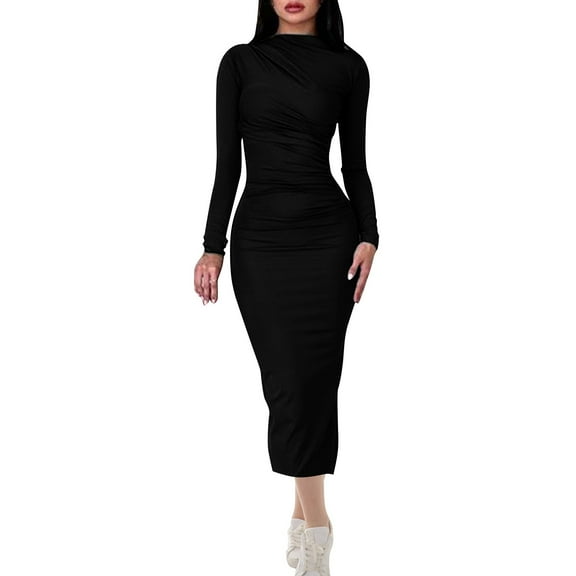 2025 Long Sleeve Dress for Women High Neck Ribbed Knit Bodycon Ruched Midi Dress Cocktail Party Sweater Solid Dresses prom dresses for teens athletic dress