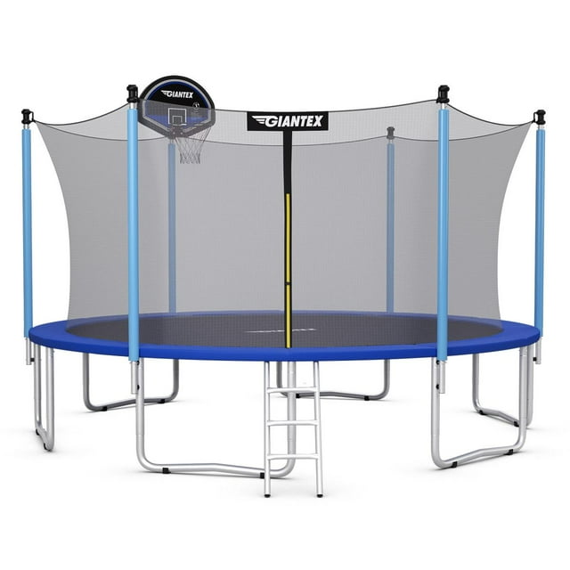Giantex Trampoline de 15 Pi 14 Pi avec Panier de Basketball, Trampoline Rond avec Filet de Protection et Échelle, Coussin de Sécurité, Trampoline de Basketball pour Sauter dans la Cour pour Enfants et Adultes Activités Extérieures (14 Pi)