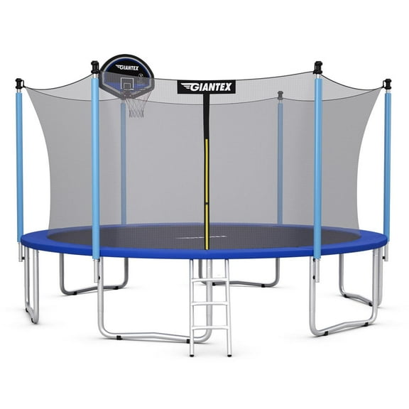 Giantex 15FT 14FT Trampoline with Basketball Hoop, Round Trampoline with Enclosure Net & Ladder, Safety Pad, Backyard Bounce Basketball Trampoline for Kids & Adults Outdoor Activities(15Ft)