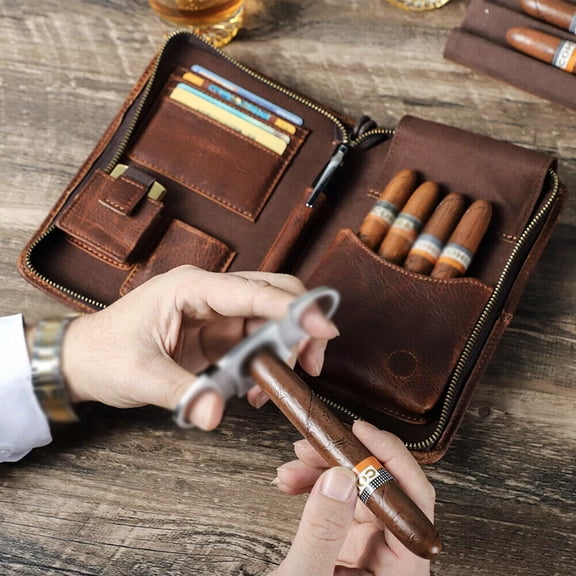 Genuine Leather Cigar Case Holder Travel Humidor Set Lighter Cutter Pocket Box