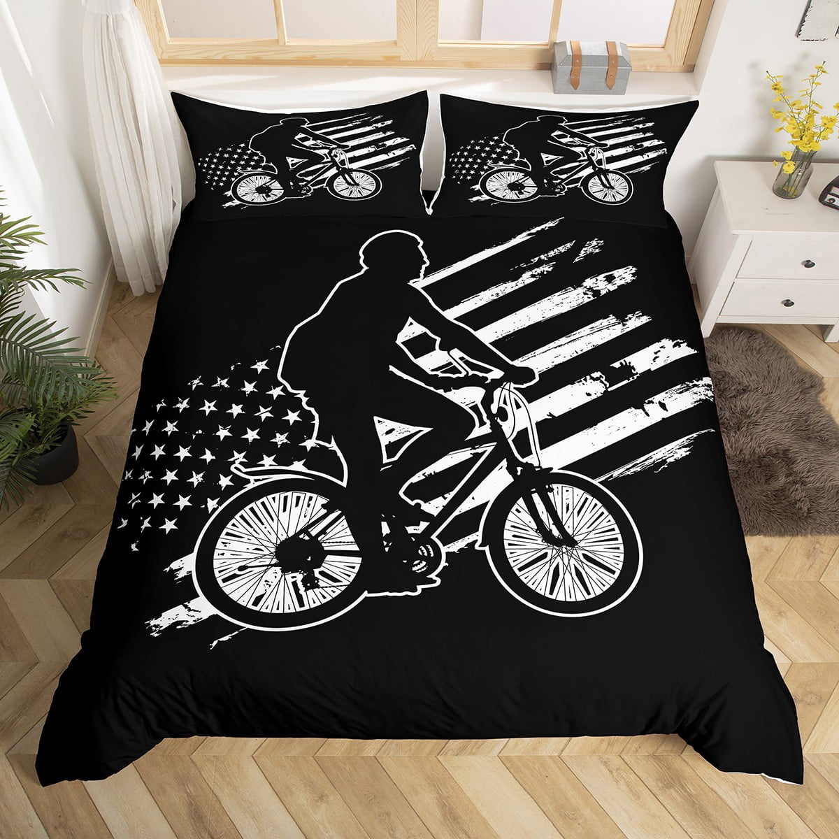 YST Black White Bicycle Duvet Cover for Kids Boys Girls,Mountain Bike