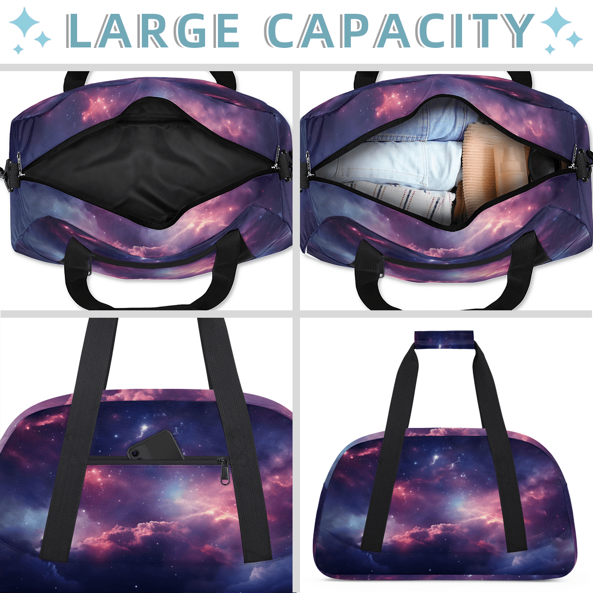 Herdesigns Galaxy Nebula Sports Duffle Bag for Women & Men, Starry Sky Space Universe Gym Bag Dance Bag Overnight Bag Carry On Weekender Travel Bag