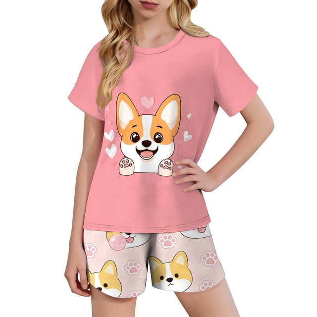 Kids Girls Fashion Cute Print Loose Short Sleeve Top Shorts Set Homewear Set