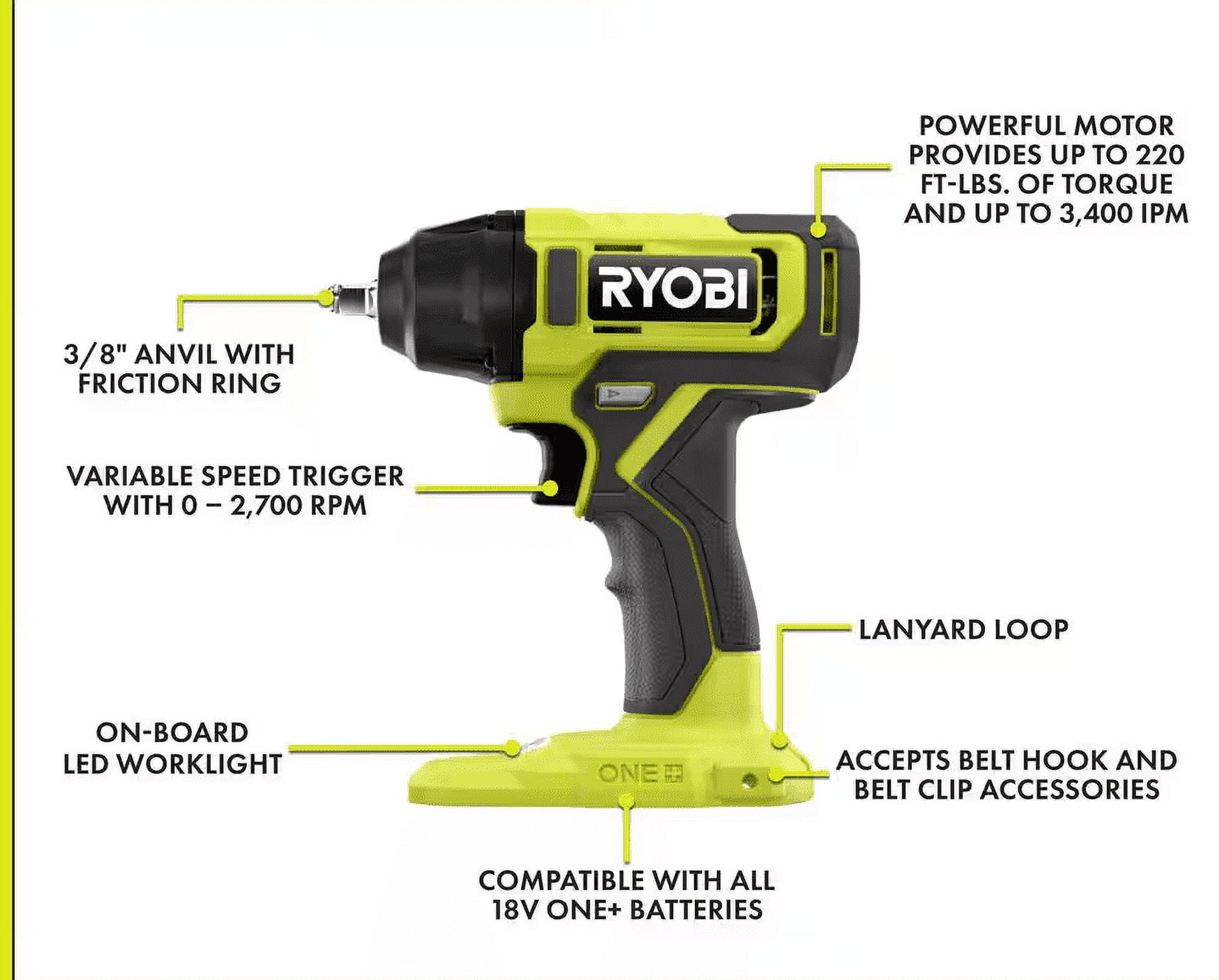 Ryobi 18V Cordless 3/8 Inch Impact Wrench (PCL250B, tool only)
