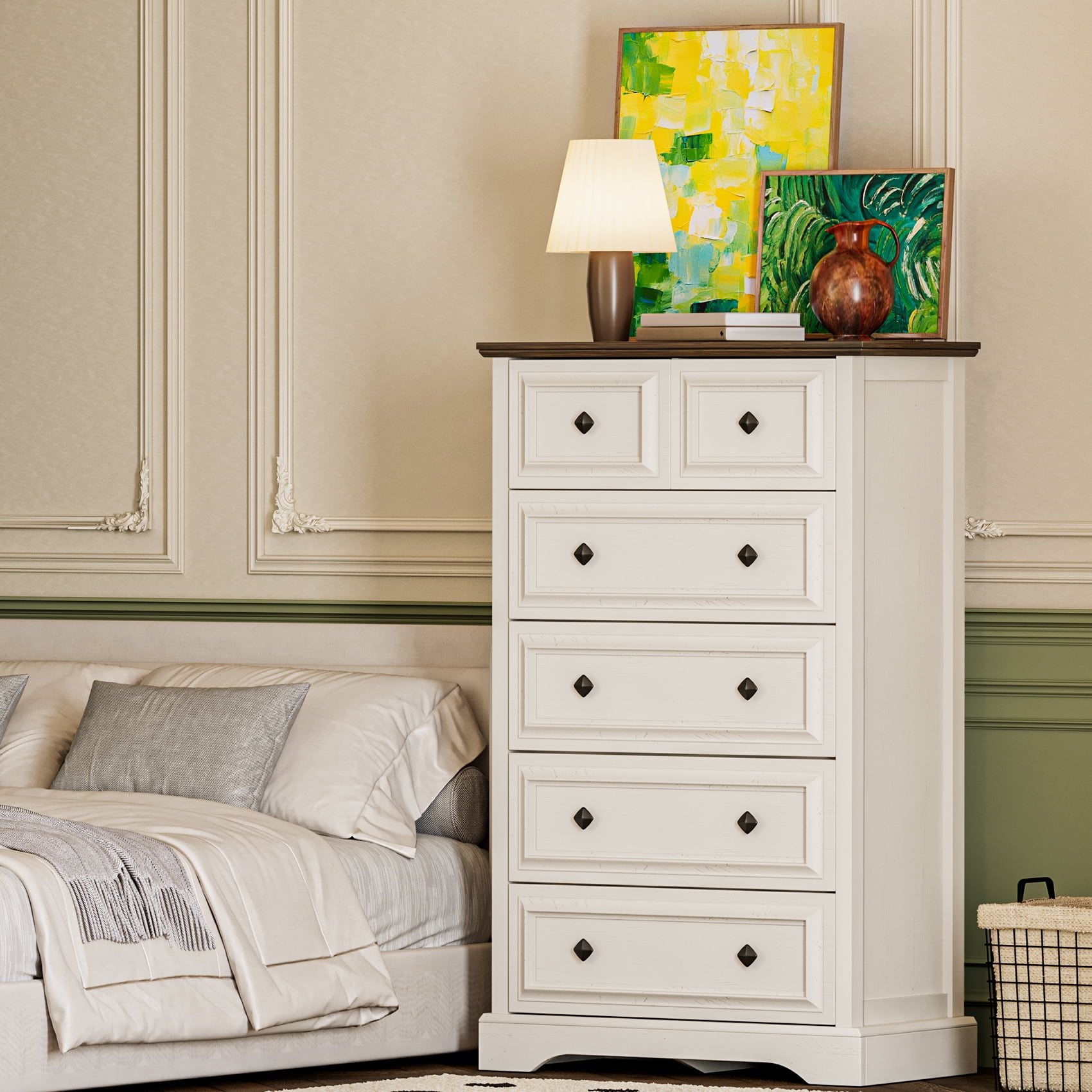 VVFLU Farmhouse 6 Drawer Dresser, Dressers Chest of Drawer for Bedroom Organizer Storage, 48 Inch Tall Dresser, Wood Dressers Storage Cabinet for Living Room, Entryway, Hallway,Walnut