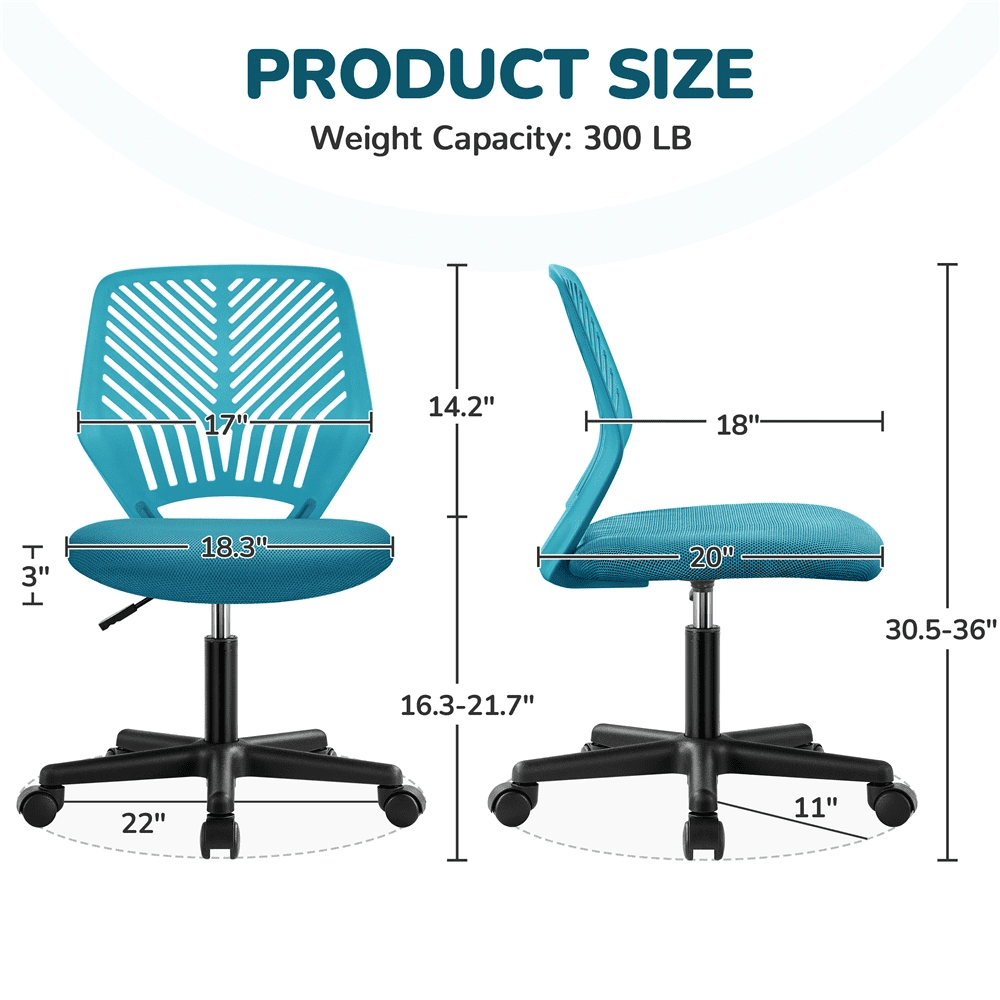 Alden Design Adjustable Armless Mid Back Office Chair, Turquoise