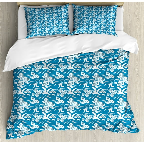 Cloud Queen Size Duvet Cover Set, Oriental Classical Japanese Cloud and Crane Pattern on Blue Toned Background, Decorative 3 Piece Bedding Set with 2 Pillow Shams, Blue and White, by Ambesonne