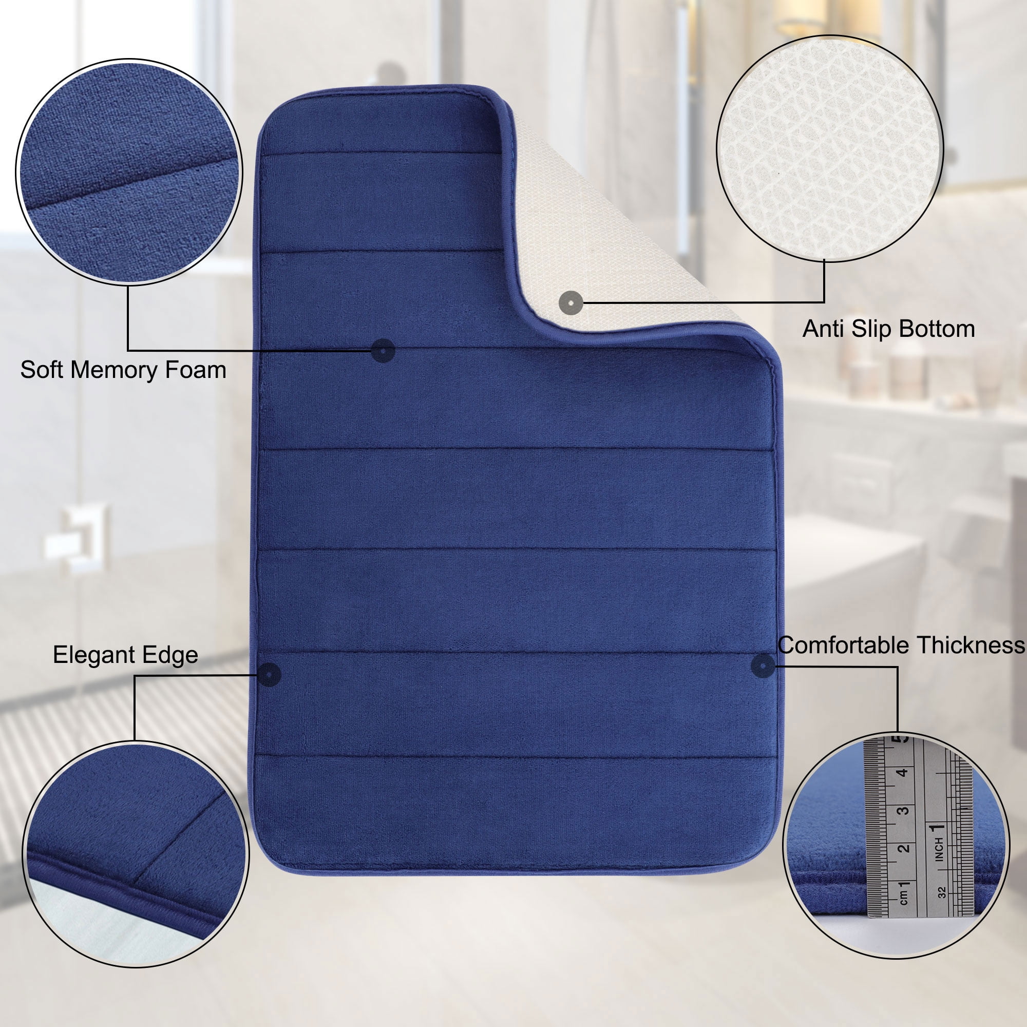 REGALWOVEN 2Pcs Memory Foam Bath Mat Non Skid Velvet Absorb Water Bath Rug  for Bathroom Kitchen Soft Carpet Royal Blue