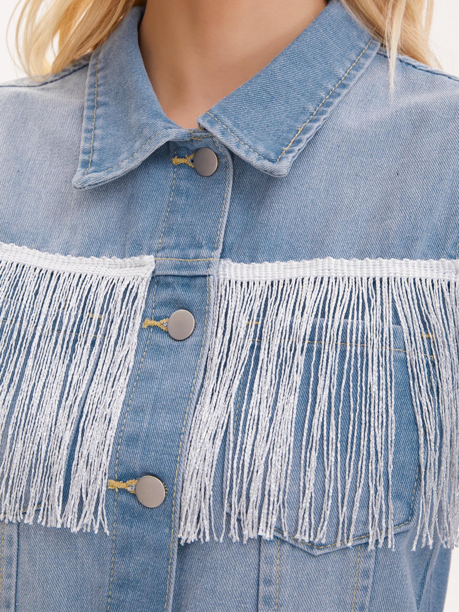 DARING DIVA Women's Button Down Sleeveless Tassel Trim Fringe Jean Vest 2XL Light Blue