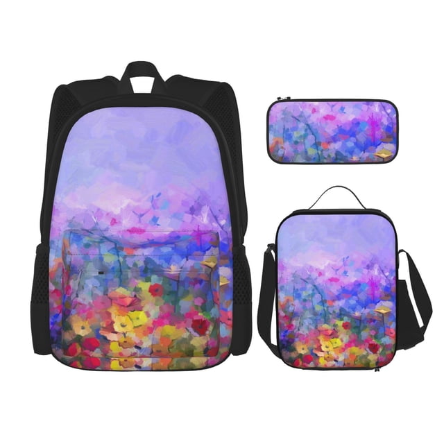Easygdp Colorful Purple Cosmos Flower Mochila para Niños y Niñas con Set de Caja de Almuerzo y Estuche para Lápices 3 en 1, Mochila Escolar Estampada para Adolescentes