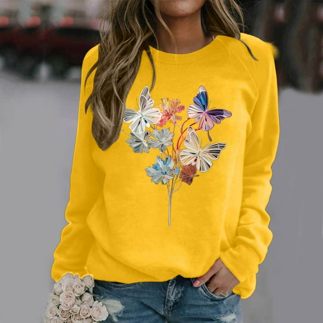 VBARHMQRT Sweat-Shirt Marron à Col Rond pour Femmes, Manches Longues Raglan, Imprimé Papillon et Fleur