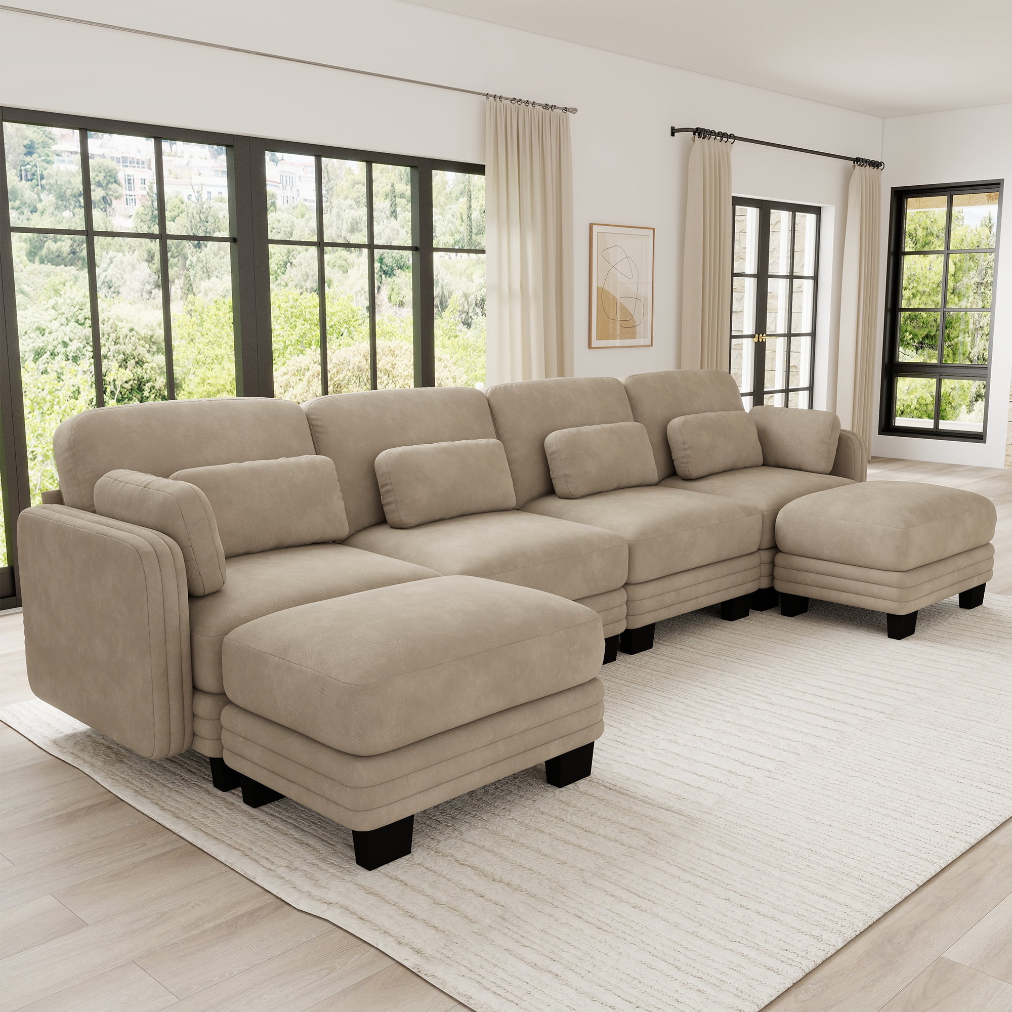 130" U-shaped Tufted Modern Modular Sectional 4 Seater Sofa Couch with 2 Ottomans and 6 Pillows