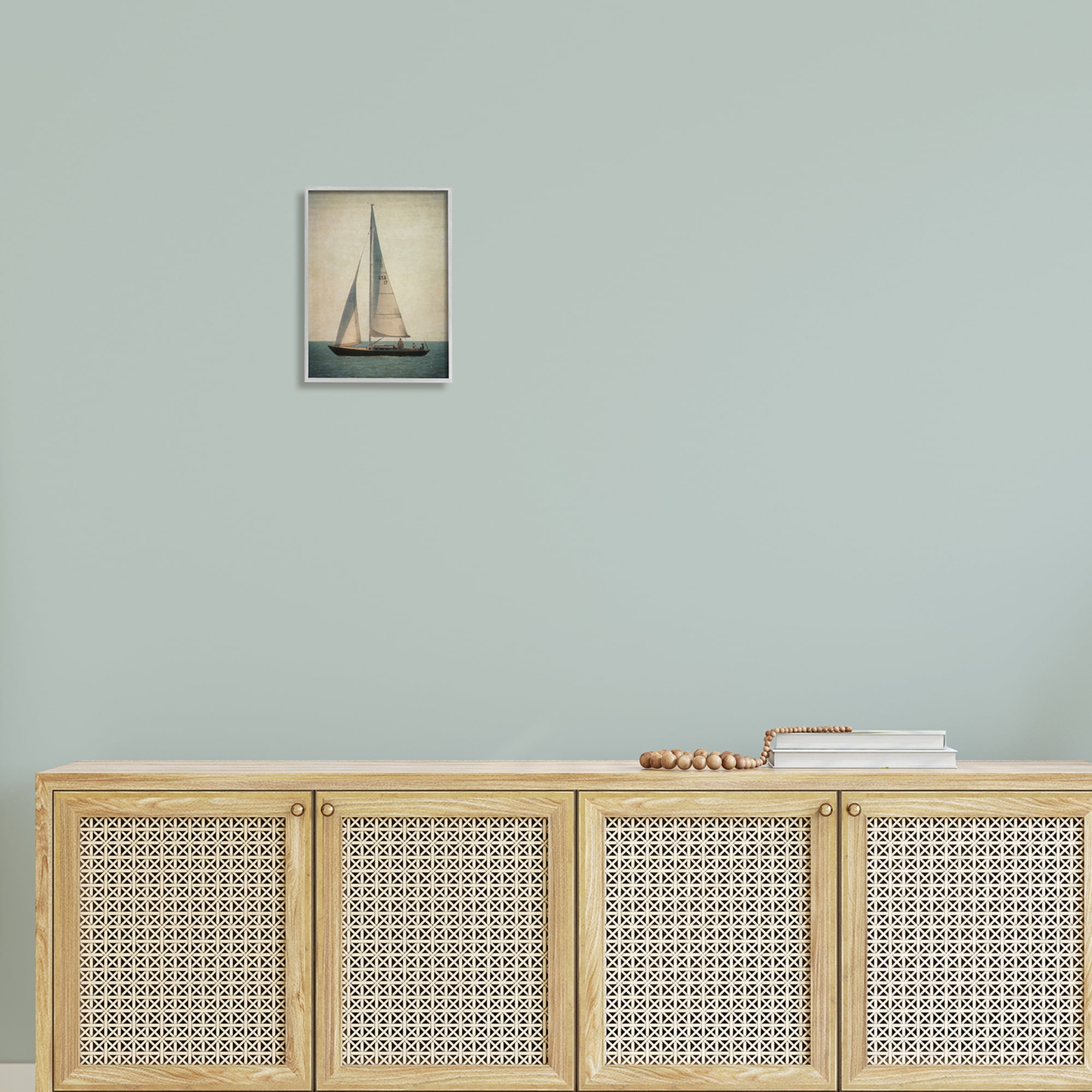 Stupell Industries Lone Sailboat People Relaxing Quiet Ocean Landscape Painting Gray Framed Art Print Wall Art, Design by Graffitee Studios