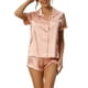 thumbnail image 1 of Conjunto de pijama de satén para mujer INSPIRE CHIC, camisa de botón de manga corta con pantalones cortos, 2 piezas, ropa de descanso, pijama, XS, rosa, 1 of 6