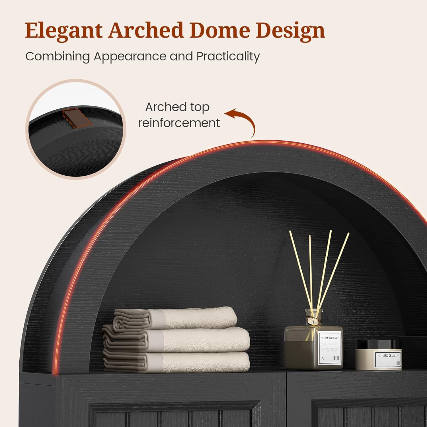 Arched Wall Cabinet, Wall Mounted Cabinets with Grille Door and Adjustable Shelf for Bathroom Laundry Room Kitchen, Modern Black