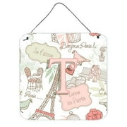 Caroline's Treasures CJ2002-TDS66 Letter T Love in Paris Pink Wall or Door Hanging Prints, 6HX6W, multicolor