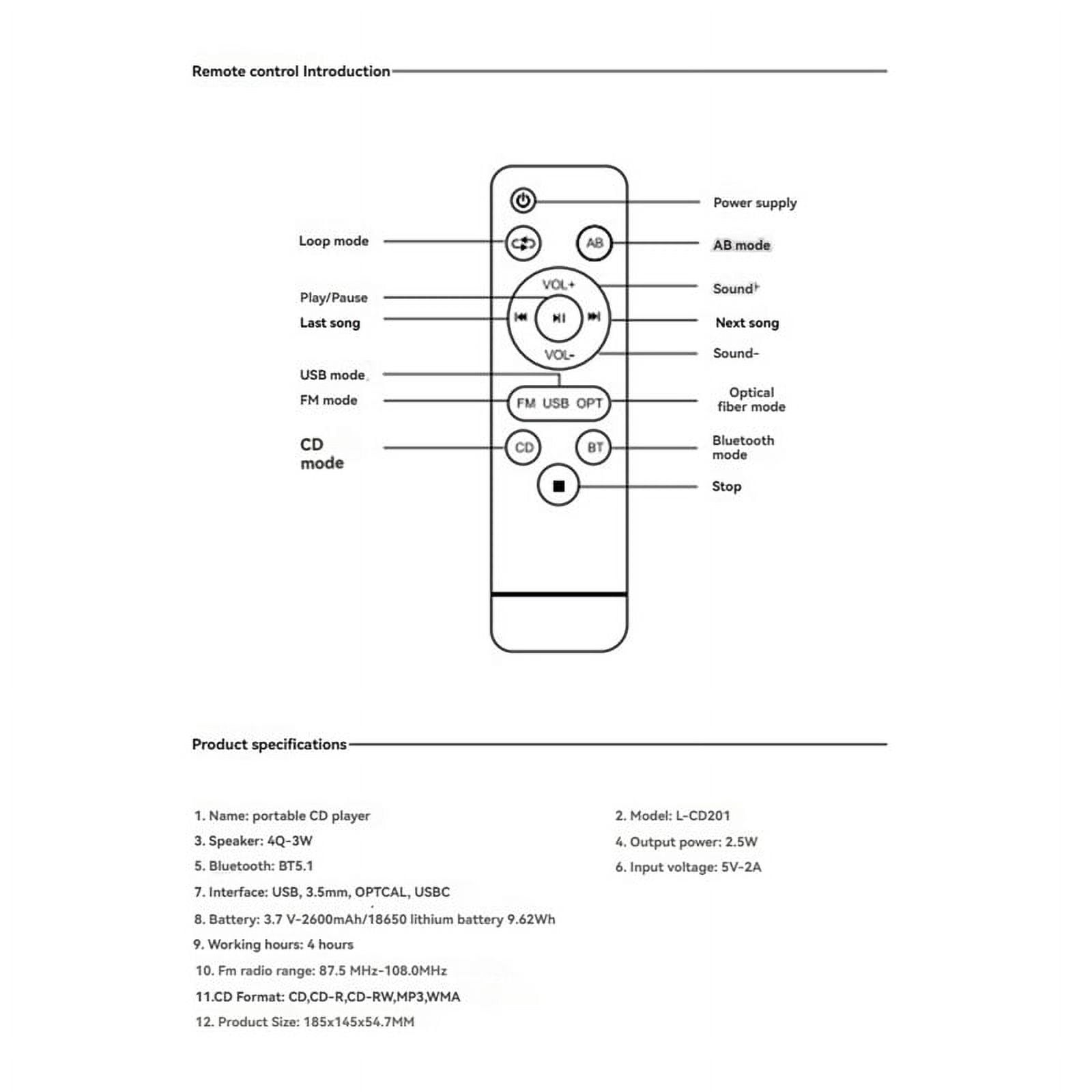 Portable CD Player Bluetooth Digital Optical Output Audiophile Audio Player Built-in 2000mAh High Capacity Battery B