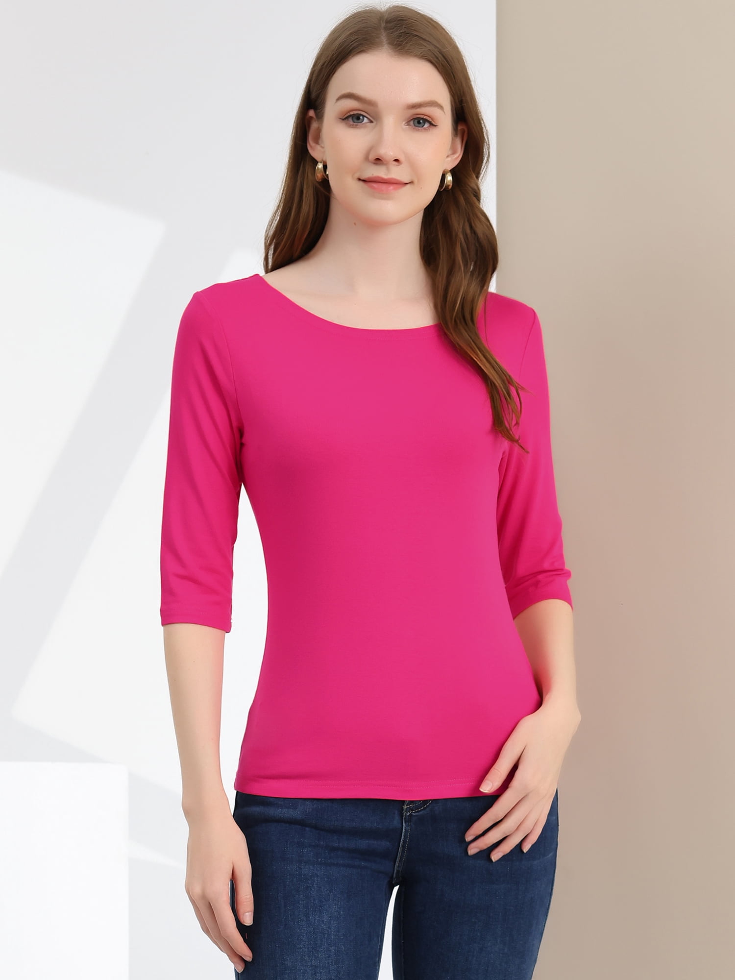 DARING DIVA Women's Elbow Sleeves Boat Neck Slim Fit Classic Tee M Rose Red