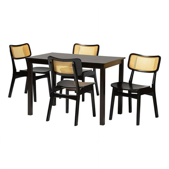 Baxton Studio Estera Mid-Century Modern Dark Brown Finished Wood and Rattan 5-Piece Dining Set
