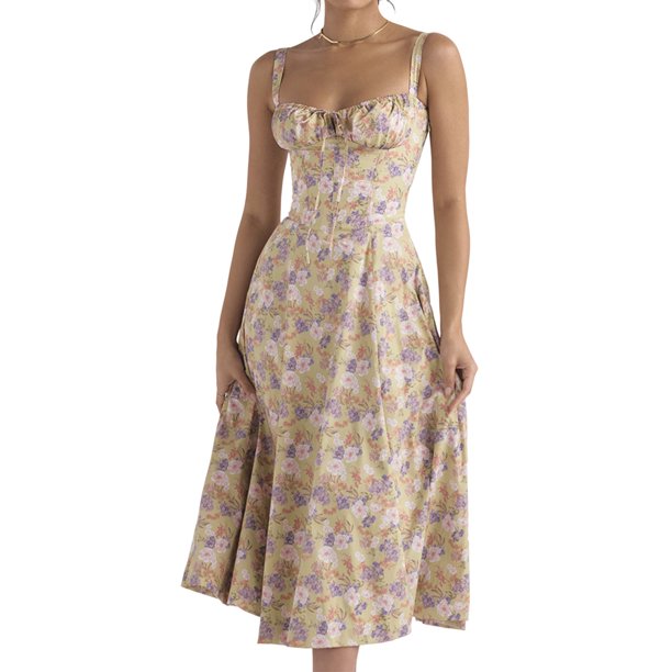 Vestido Midi Vestido Vestido Midi Bandage para mujer Vestido de fiesta sin mangas con estampado floral (Amarillo XL) Cgtredaw Para estrenar