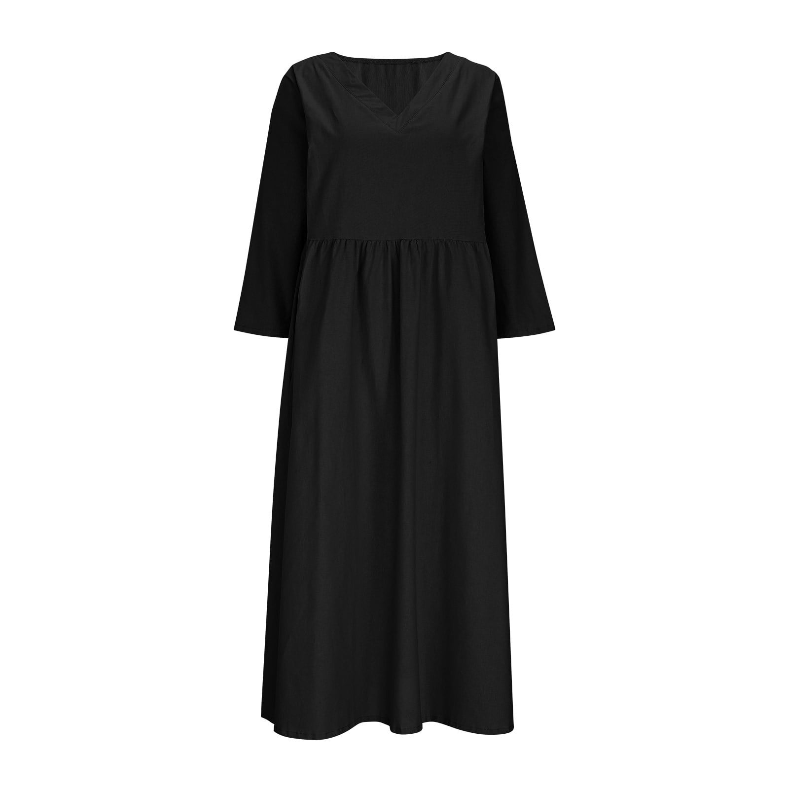 JGGSPWM Linen Dress Women V Neck Long 3/4 Sleeve Tunic Boho Maxi Dress Casual Spring and Autumn Plain Flowy Beach Vacation Dresses Black XL