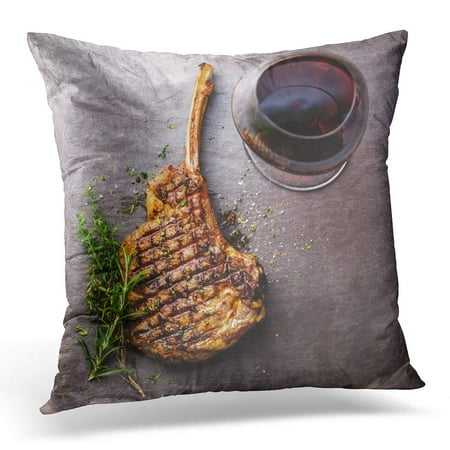 ECCOT BBQ Grilled Beef Barbecue Veal Rib Steak on Bone and Red Wine Stone Slate Directly Pillowcase Pillow Cover Cushion Case 16x16