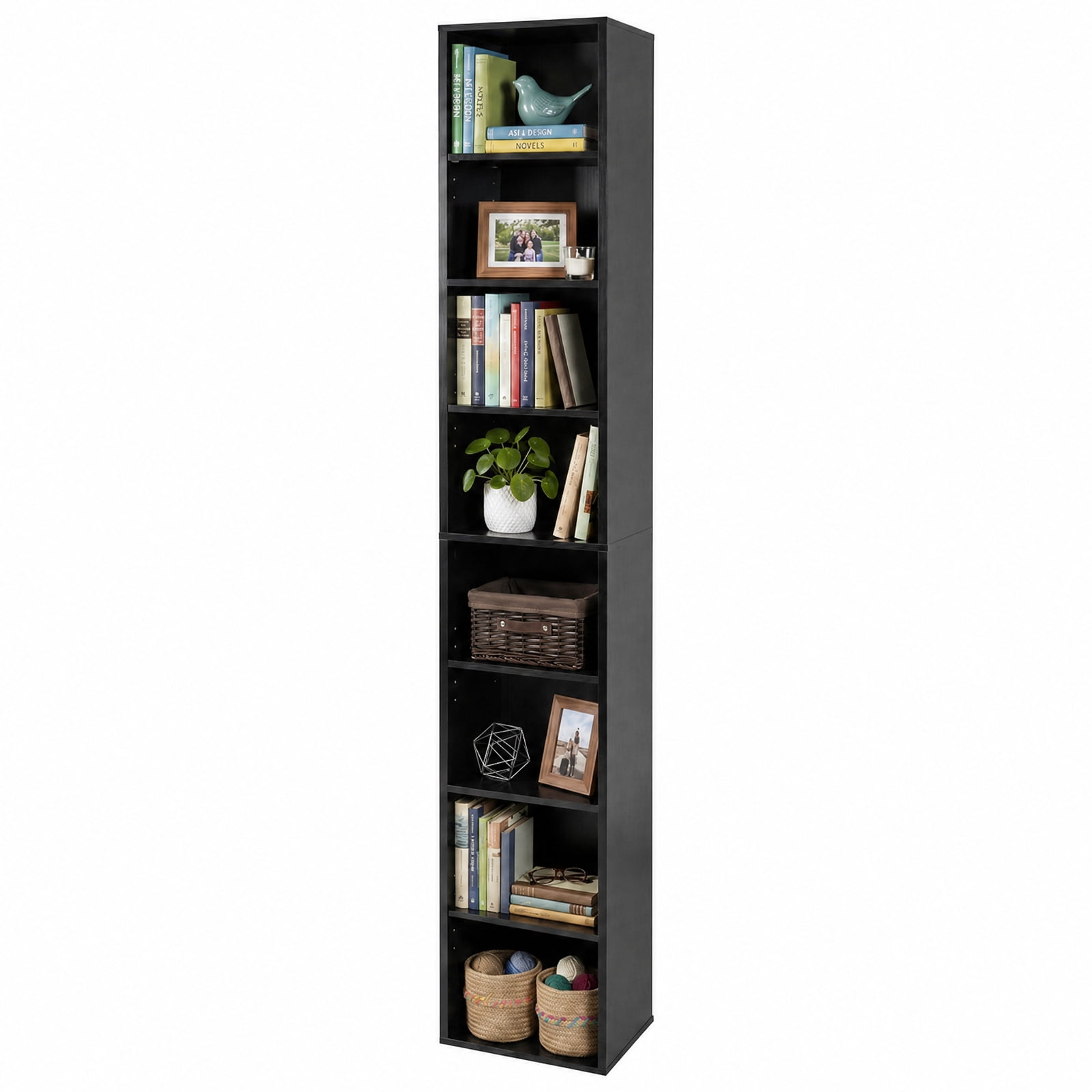 Furnibear 8-Tier Narrow Bookshelf with 4 Adjustable Shelves and Storage Cubes for Living Room Home Office Bedroom Display Storage Shelf, Black