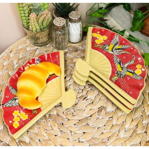 Ebros Set Of 4 Red Cranes Cherry Blossoms Oriental Fan Shaped Sushi Plates