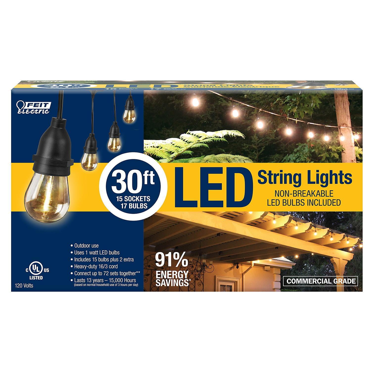 Feit Electric 30’ LED String Lights (15 bulbs) - Walmart.com - Walmart.com