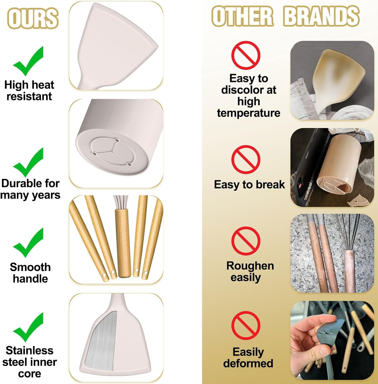 Kitchen Utensil Set, AOKIWO 34Pieces Silicone Cooking Utensil Set with Wooden Handle, Heat Resistant Spatula Set Gadgets Tools Cookware, Khaki
