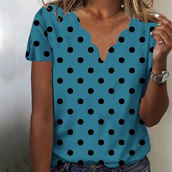 Dolkfu Blue Womens Summer Tops V-Neck Short Sleeve Polka Dots Stylish Casual T-Shirts Women'S Summer Tops