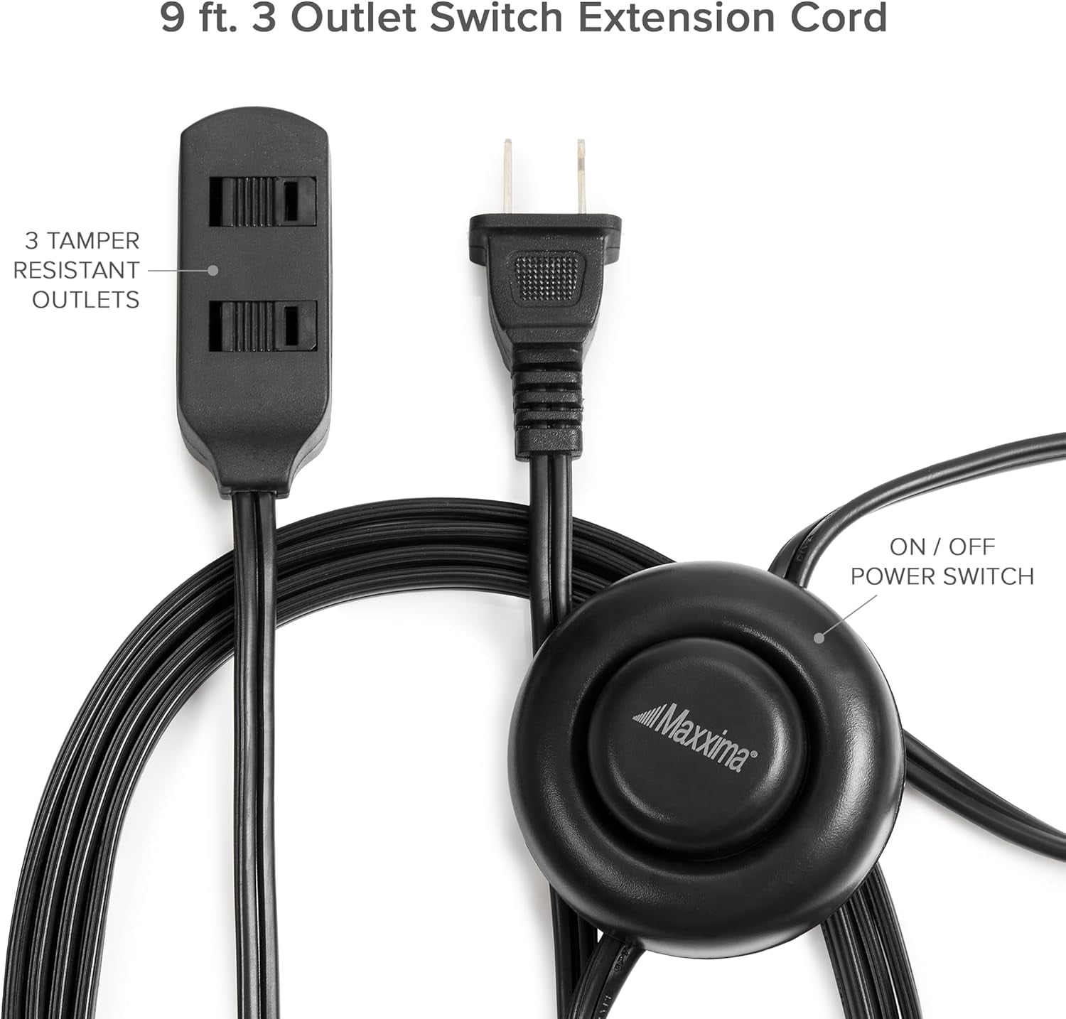 9 ft 3 Outlet Extension Cord - Featuring an Easy to Use On/Off Foot Switch, Ideal to Plug in Lamps, Appliances, Lighting Accessories, or for Senior Living Use, 125VAC - Black - Pack of 2