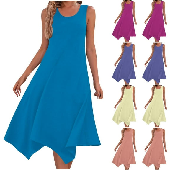 DDAPJ pyju Women Summer Dresses Casual Loose Midi Dress Flowy Beach Sundresses Hankerchief Hem Tank Dress Prime Sales of The Day Blue S