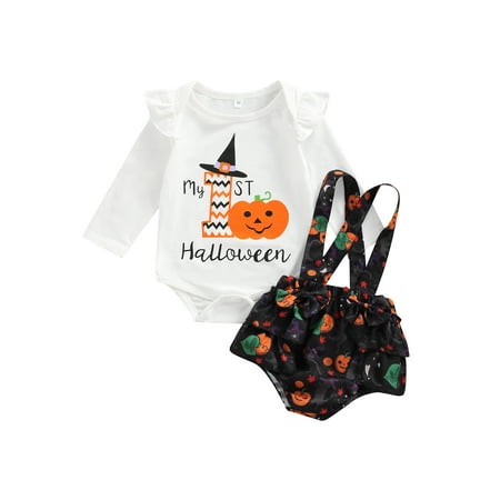 

SUNSIOM Baby Girls Boys Halloween Outfit Set My 1st Halloween Letter Print Romper+Ghost Pumpkin Suspender Skirt