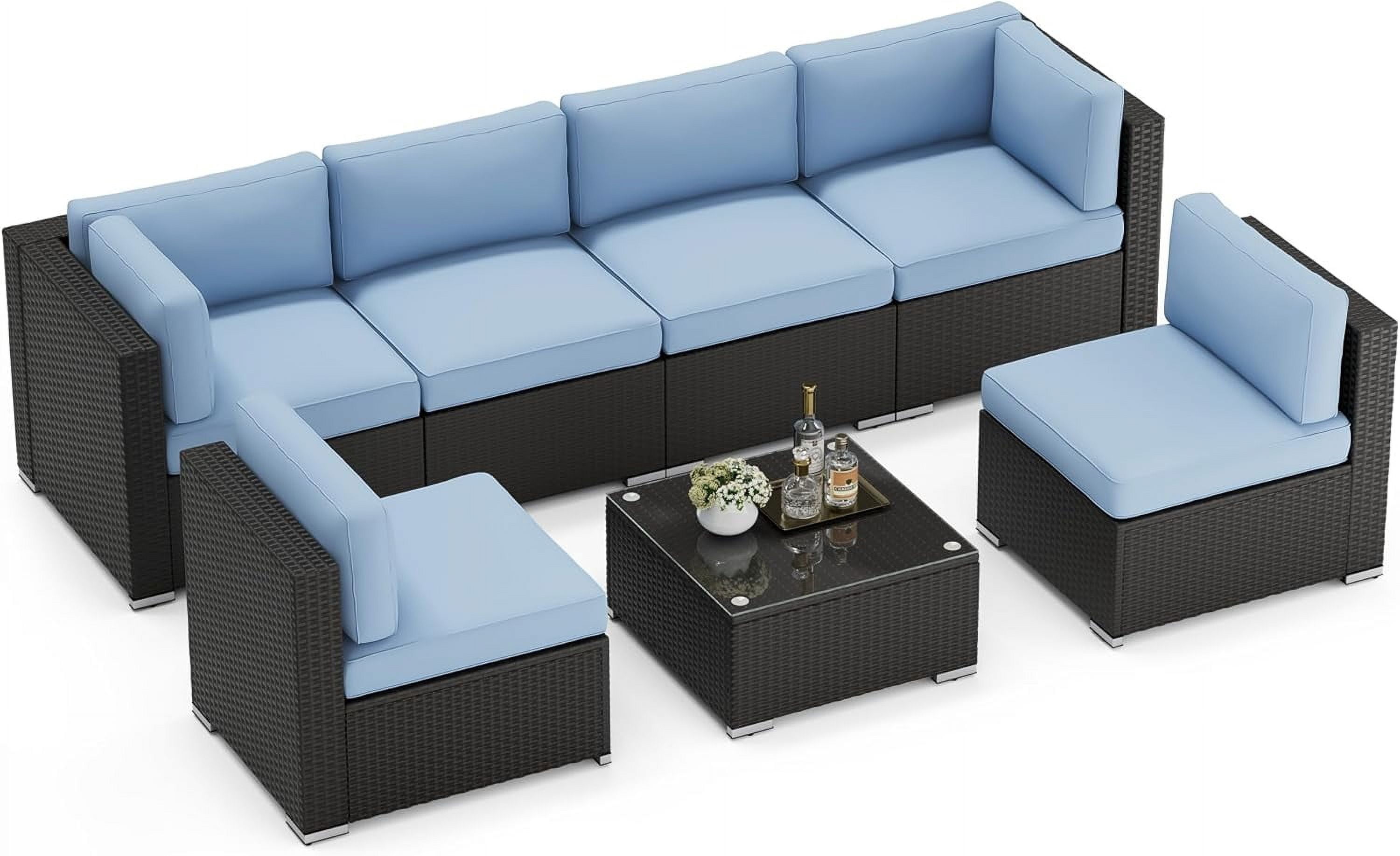 SUNCROWN 7-Piece Outdoor Patio Furniture Sofa Set All-Weather Black Wicker Sectional Conversation Set with Modern Glass Coffee Table and Cushions-Light Blue