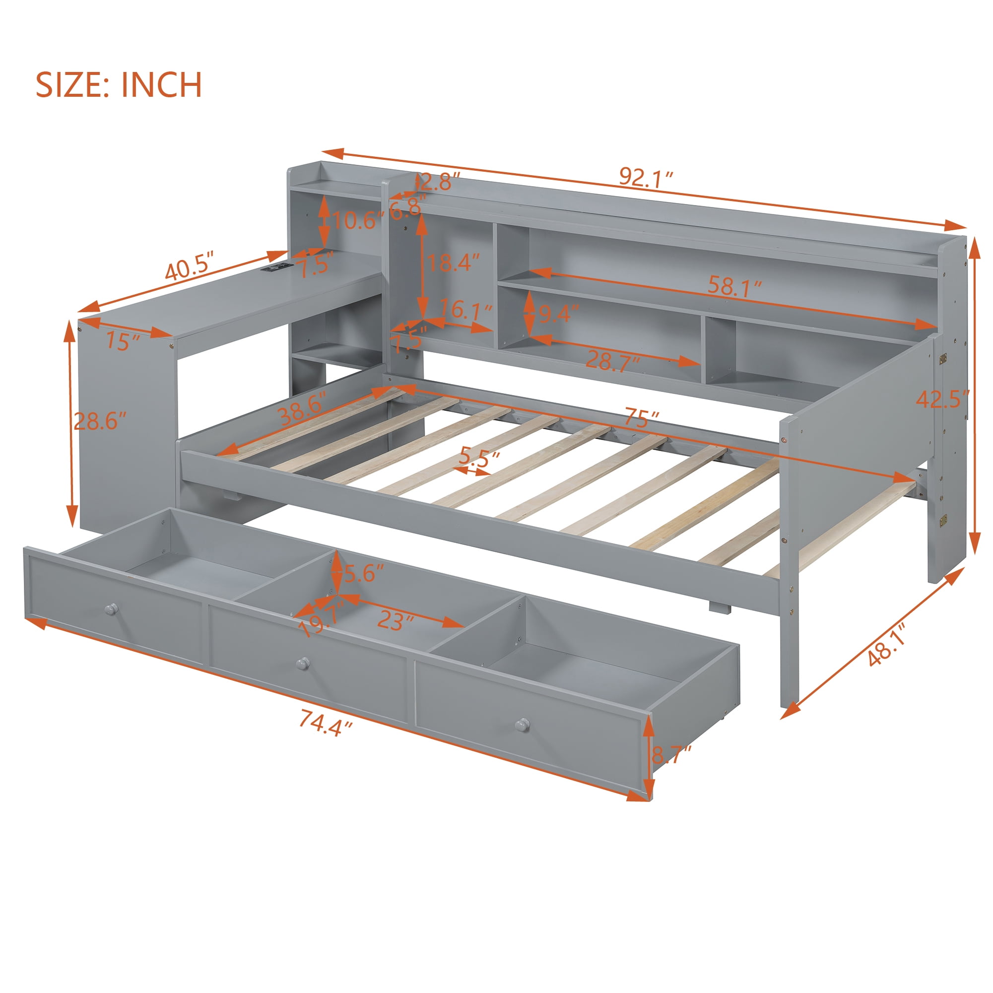 Mintazer Twin Platform Bed with Desk & Charging Ports, Wooden Bed Frame with Storage Shelves & 3 Drawers for Bedroom Playroom Guest Room, Grey