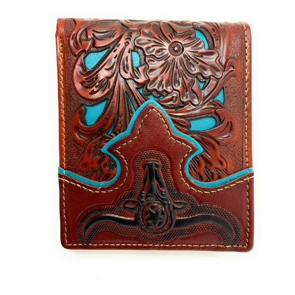 Western Men's Leather Longhorn Floral Tooled Laser Cut Lone Star Short Wallet in 8 colors