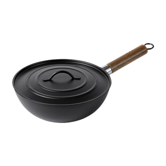 Tnarru Wok Pan Stir Fry Pan Wooden Handle Gas General Boiling Cooking Wok Pots Uncoated Handmade Sautee Cast Iron Wok Round Bottom Wok