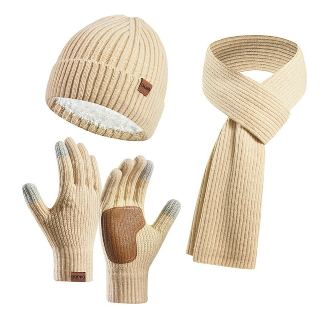 MIASHUI Winter Women's Knit with Leather Anti-Slip Hat, Scarf, and Gloves Three-Piece Set, Scarf Set for Cold Weather Beige