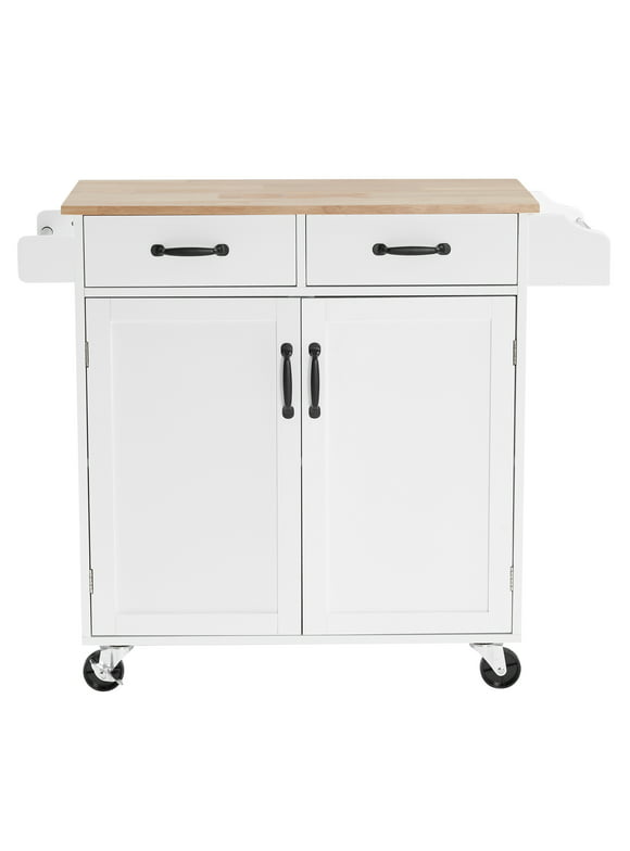 FCH White Spray Paint Dining Car , 2-Door 1-Drawer Movable Kitchen Cart, Rubber Wood and MDF, Convenient Storage