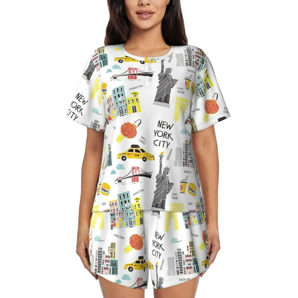 Fotbe New York Conjunto de Pijama Estampado para Mujer, 2 Piezas, Ropa de Dormir con Camiseta de Manga Corta y Shorts Suaves-Large