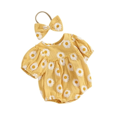 

Mioliknya Baby Girls Rompers Daisy Print Short Sleeve Bodysuits with Headband