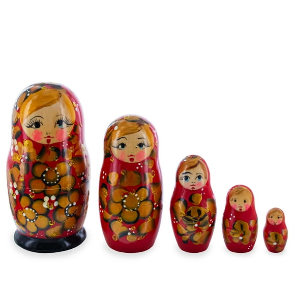 Red Color with Gold Flowers Wooden Nesting Dolls